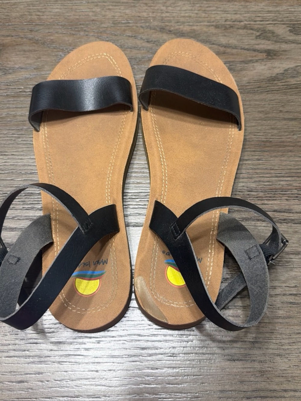 Black Strap Tan Footbed Sandals With Ankle Strap